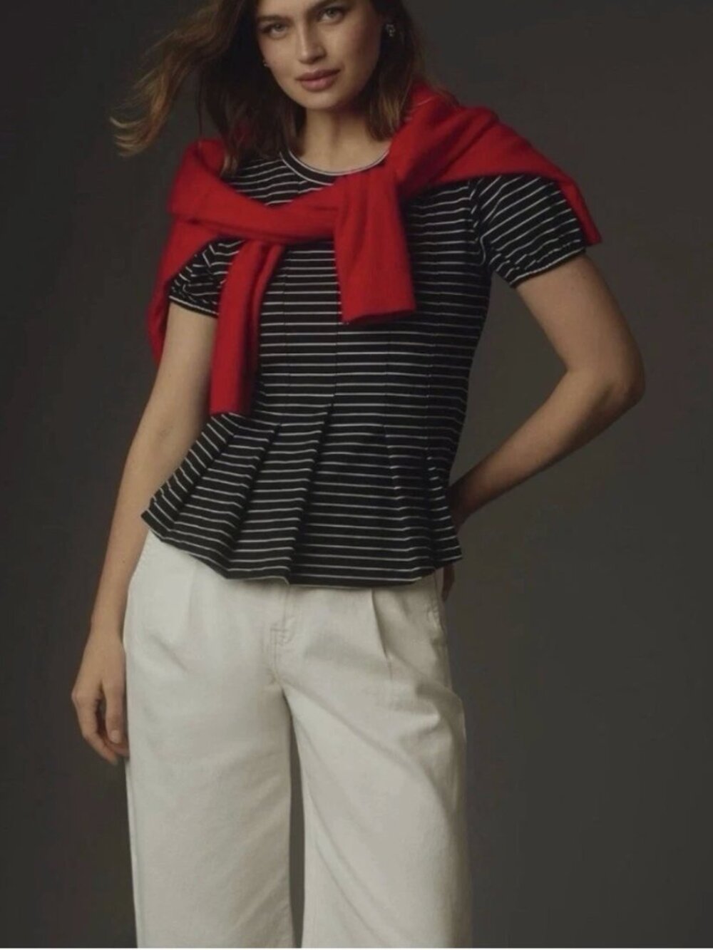 Maeve by Anthropologie Corset Peplum Short Sleeve Top - Black/White Striped - XS